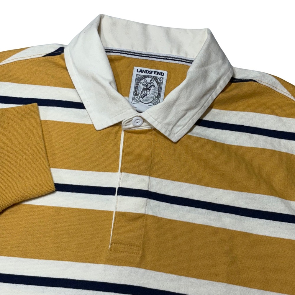 Lands End Rugby Shirt Mens XL Yellow Striped Long Sleeve Cotton 501919 Preppy